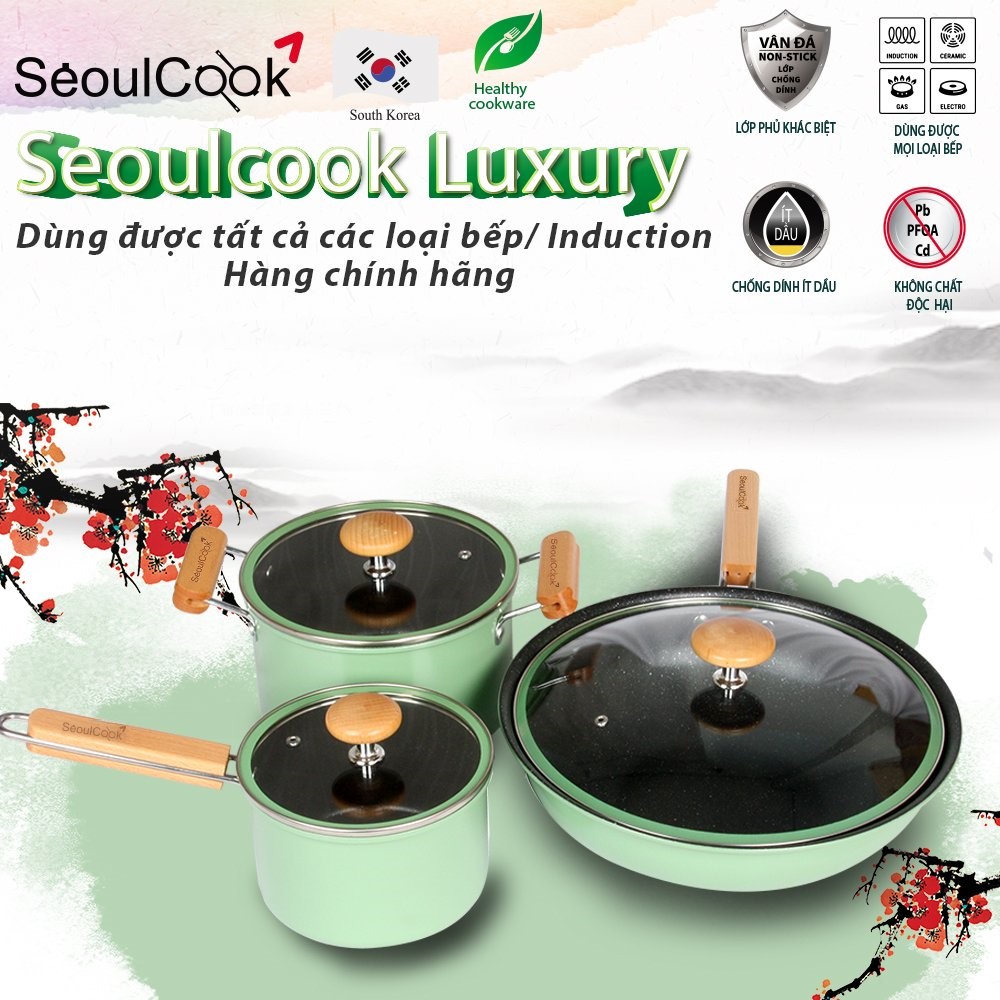 Bộ seoulcook luxury quánh 16cm & nồi 20cm & chảo sâu lòng 32cm.