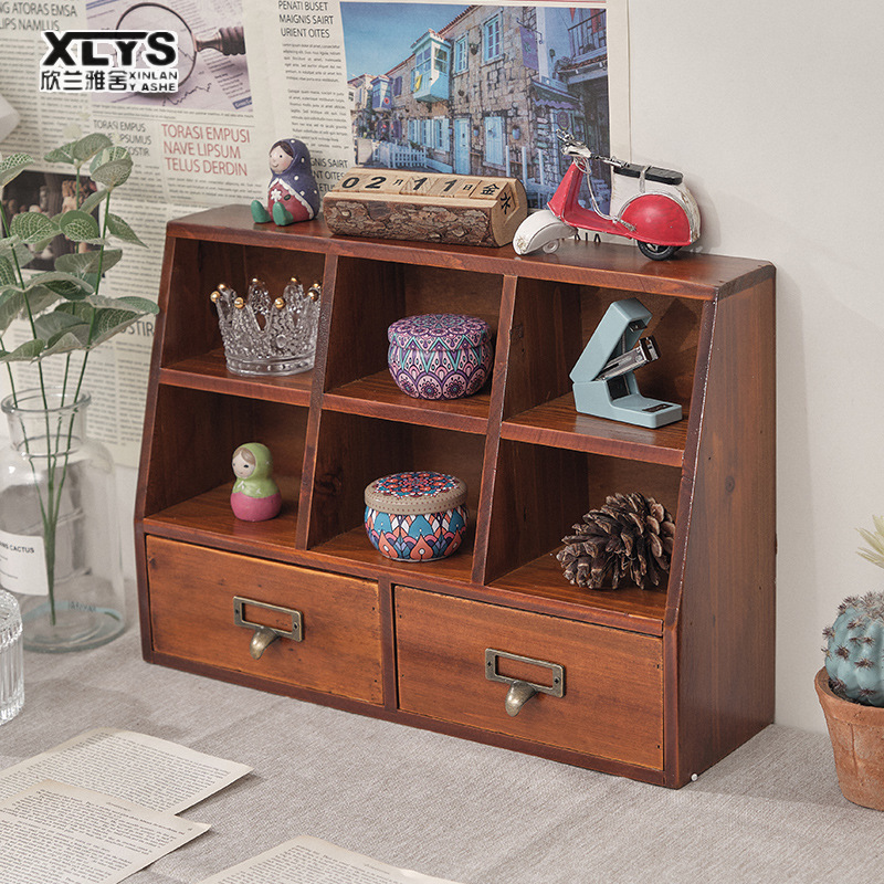 3-compartment 2-drawer retro multi-functional storage box display display cabinet solid wood desktop drawer storage cabinet storage cabinet