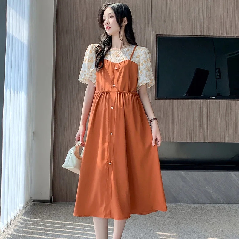 CHU MAN JIA Puff sleeve fake two piece long dress