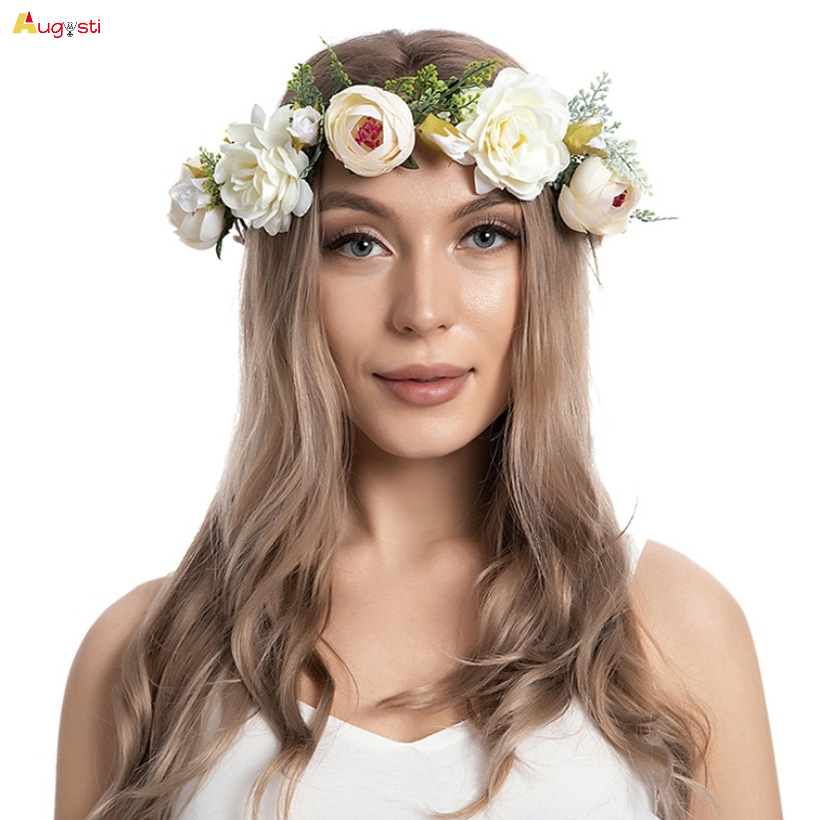 Augusti Woman's Bridal Flower Crown Lace-up Ribbon Elegant Look Rose Jewelry for Birthday Stage Party Show Dress up