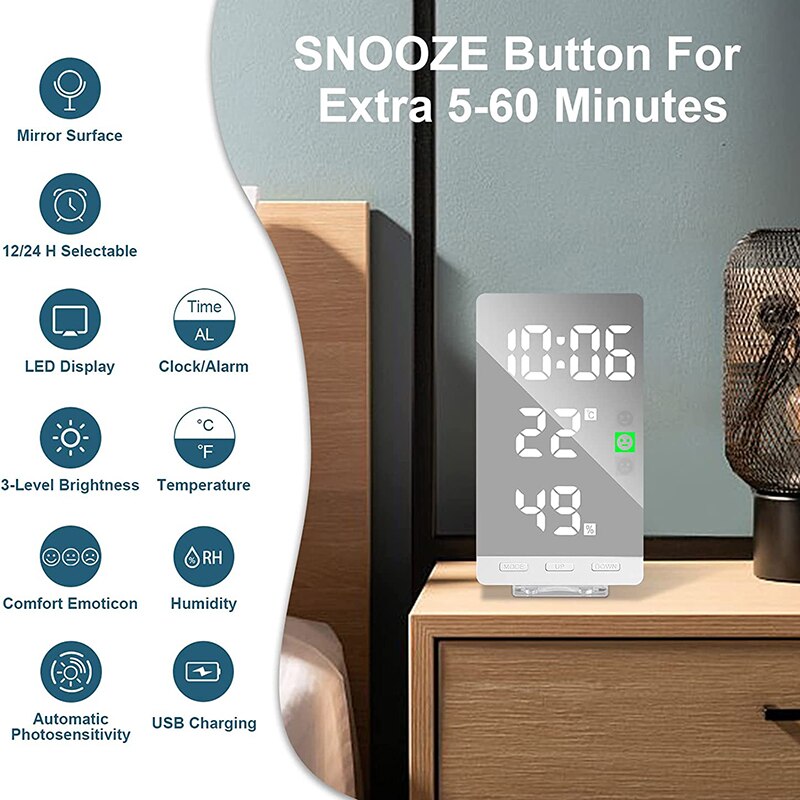 Digital Alarm Clock Led Clock With Temperature Humidity Desk Clocks For Office,Wall Clock,Bedside Clock With USB Charger