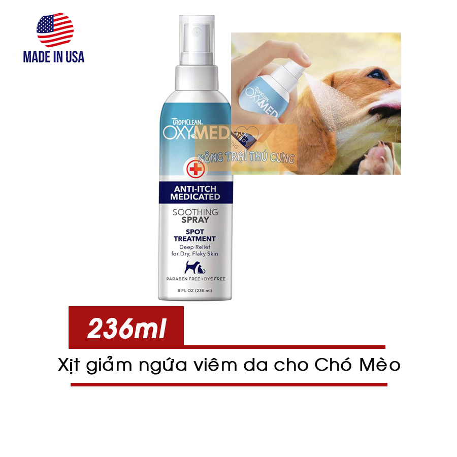 Xịt giảm ngứa - viêm da chó mèo tropiclean anti-itch oxymed 236ml -