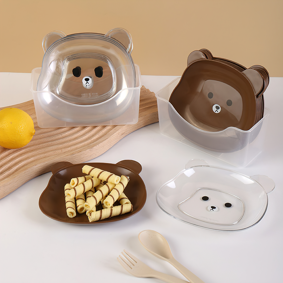 Đĩa nhựa hình gấu đựng thức ăn vặt tiện lợi, đĩa nhựa trang trí decor bàn ăn có khay đựng CINDYHOME Y