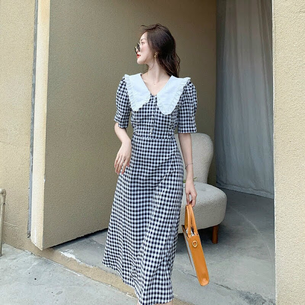 [HCM]ĐẦM XÒE HỌA TIẾT CARO CỔ SEN TRẮNG