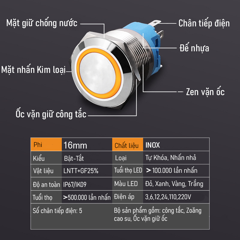 Nút nhấn nhả, Nhấn giữ khóa LED 16mm (3V-24V)