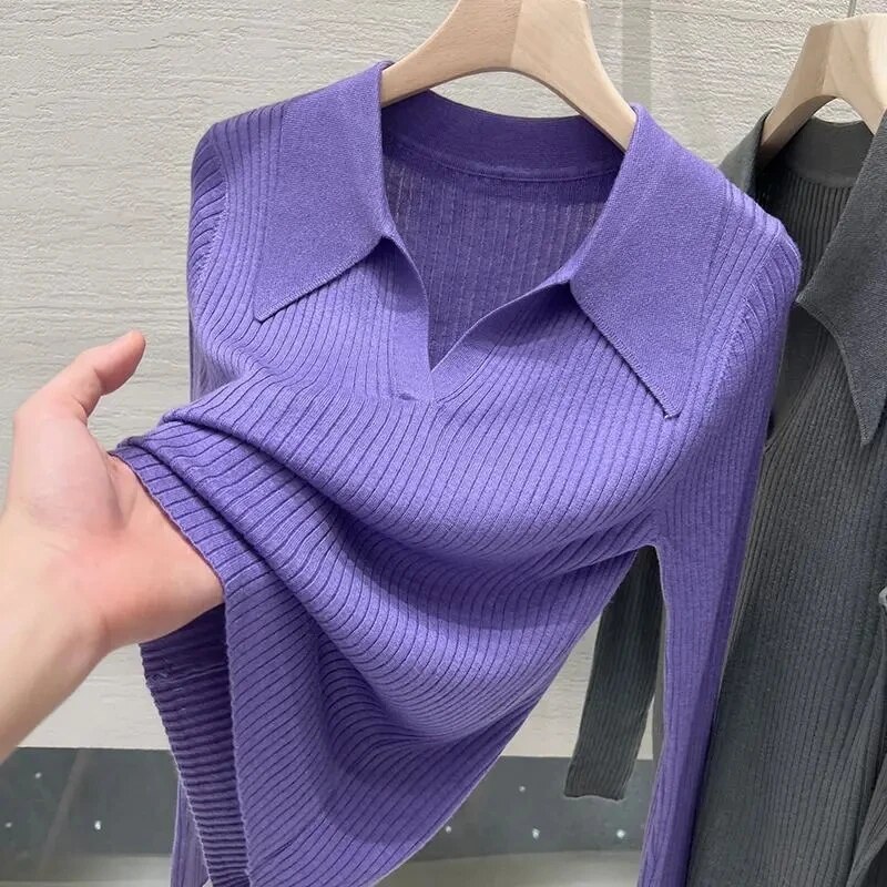 Áo chui đầu nữ dệt kim dài tay dáng ôm cổ Polo mỏng mùa xuân và mùa thu mỏng màu trơn dáng rộng cơ bản