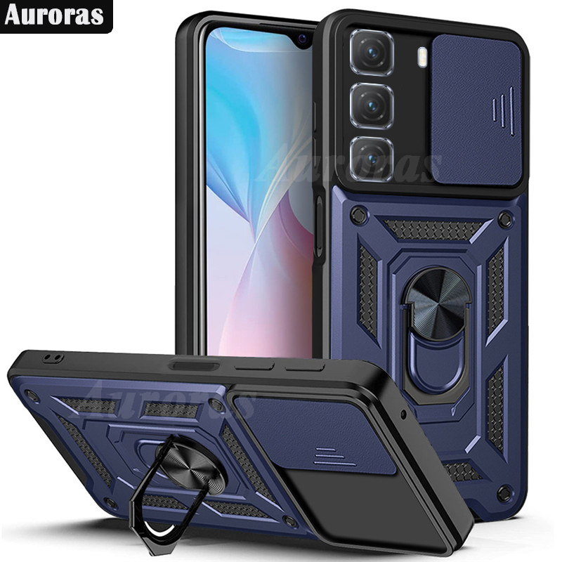 For infinix Hot 50 Pro Plus Phone Case Camera Lens Protector Shockproof Armor Iron Metal Car Ring Kickstand Bracket Casing for infinix Hot 50 Cover Casing HP. 