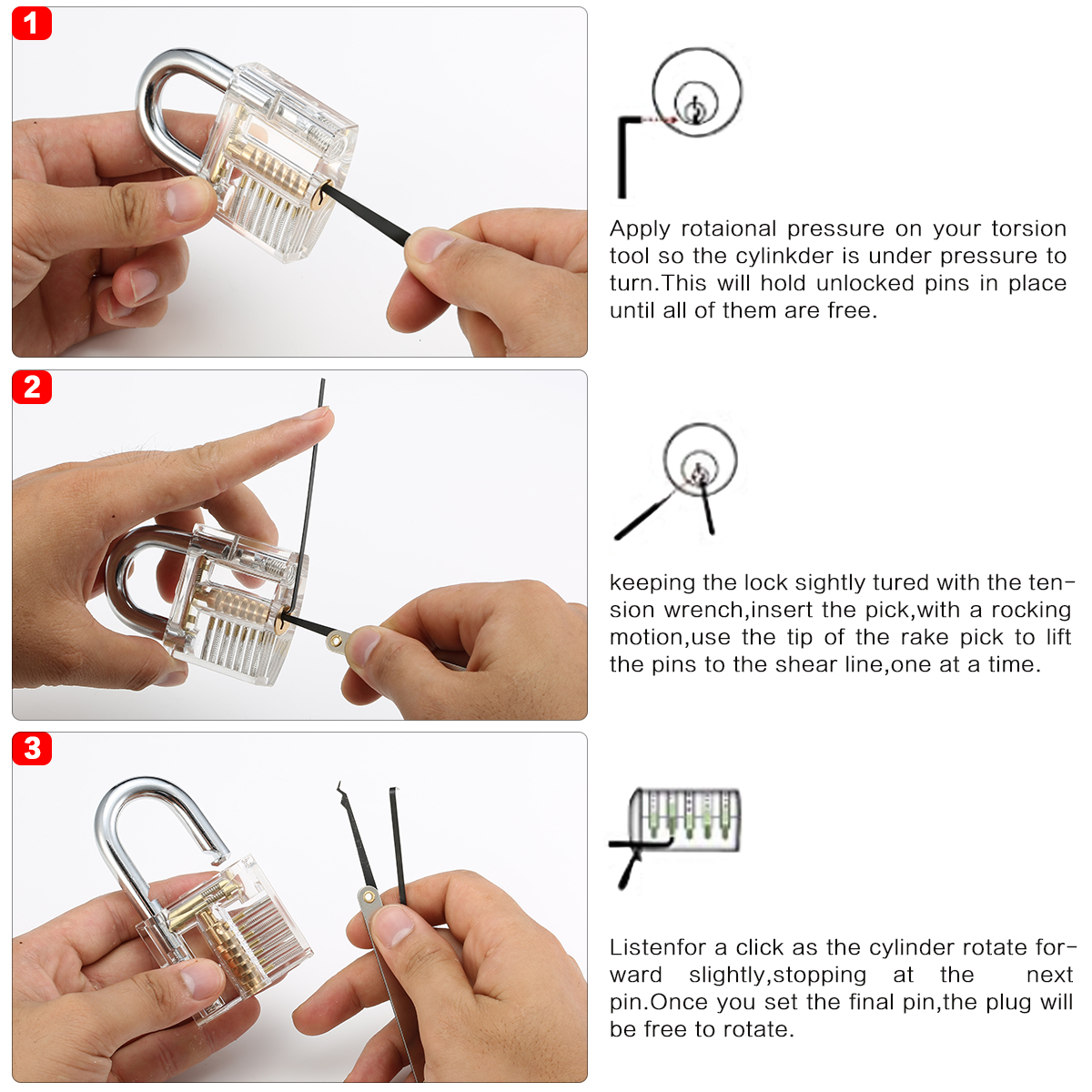 15Pcs Lock Opening Tools Lock Picks Set Key With Transparent Practice Padlock Household Lock Pick Set Unlocking Tool Durable Practical Key Extractor Tool