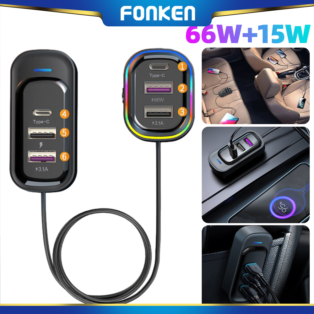 FONKEN 6 In 1 USB Car Charger 66W Quick Charge Type C Car Phone