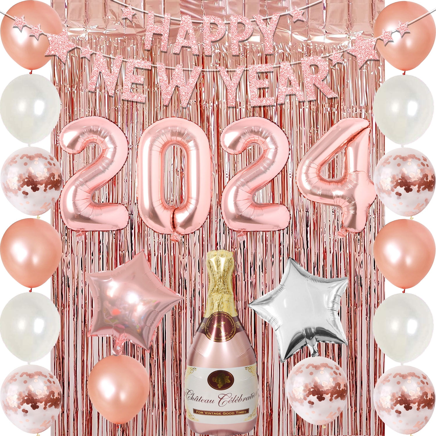 Jollyboom Happy New Year Decorations 2024 Kit Rose Gold New Year Party Supplies Celebration Happy New Year Banner Number 2024 Balloons Tinsel Backdrop Curtain