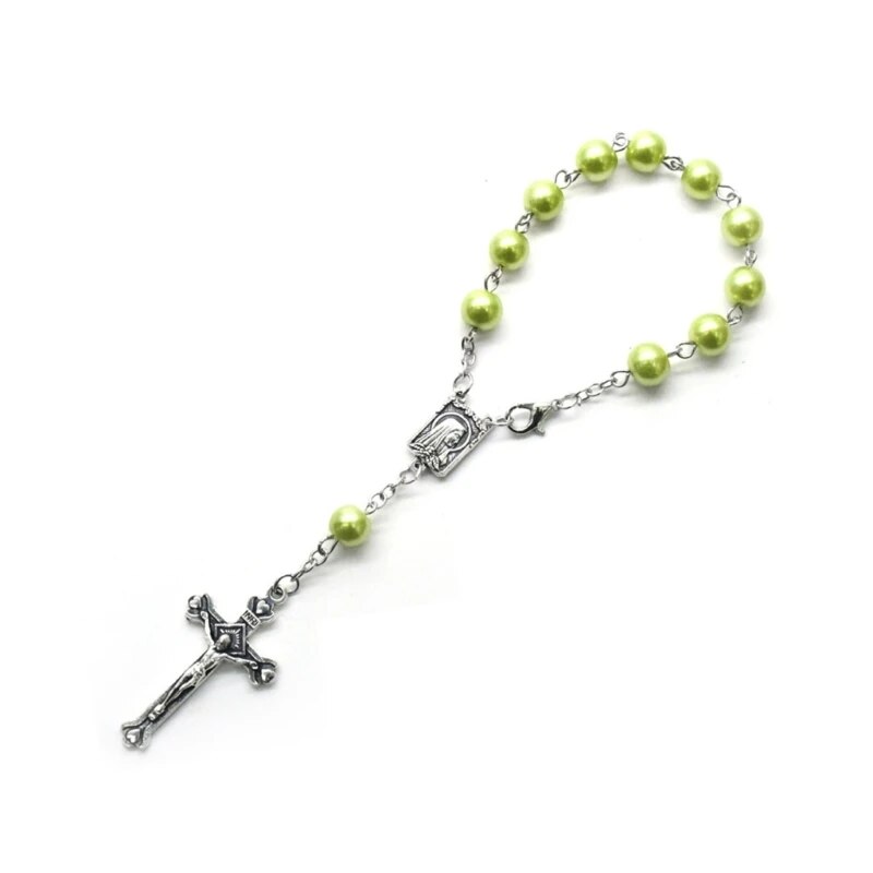 Catholic Cross Finger Chain Mini Rosary Finger Baptism Rosaries Faux Pearls  Bracelet for Baptism Favors Christening 