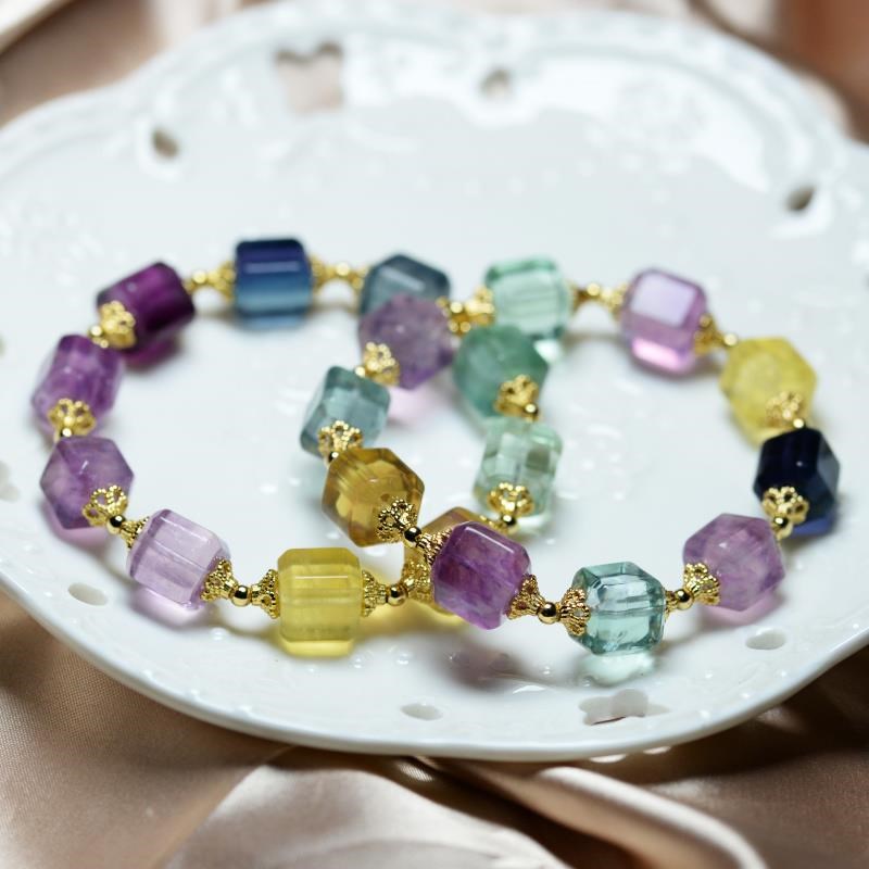 Natural fluorite block beads bracelet pinkycolor Rainbow color Crystal Bracelets Gorgeous dazzling