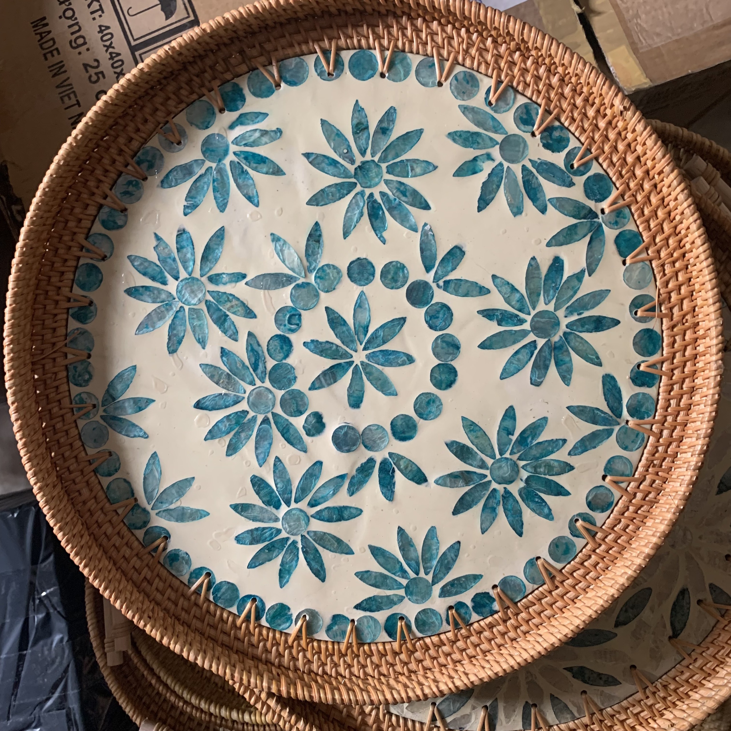 Khay trà mây tre đan khảm trai đựng đồ - Khay đựng mỹ phẩm, bộ ấm chén - Phong cách vintage mộc mạc - Rattan tray, Bamboo tray