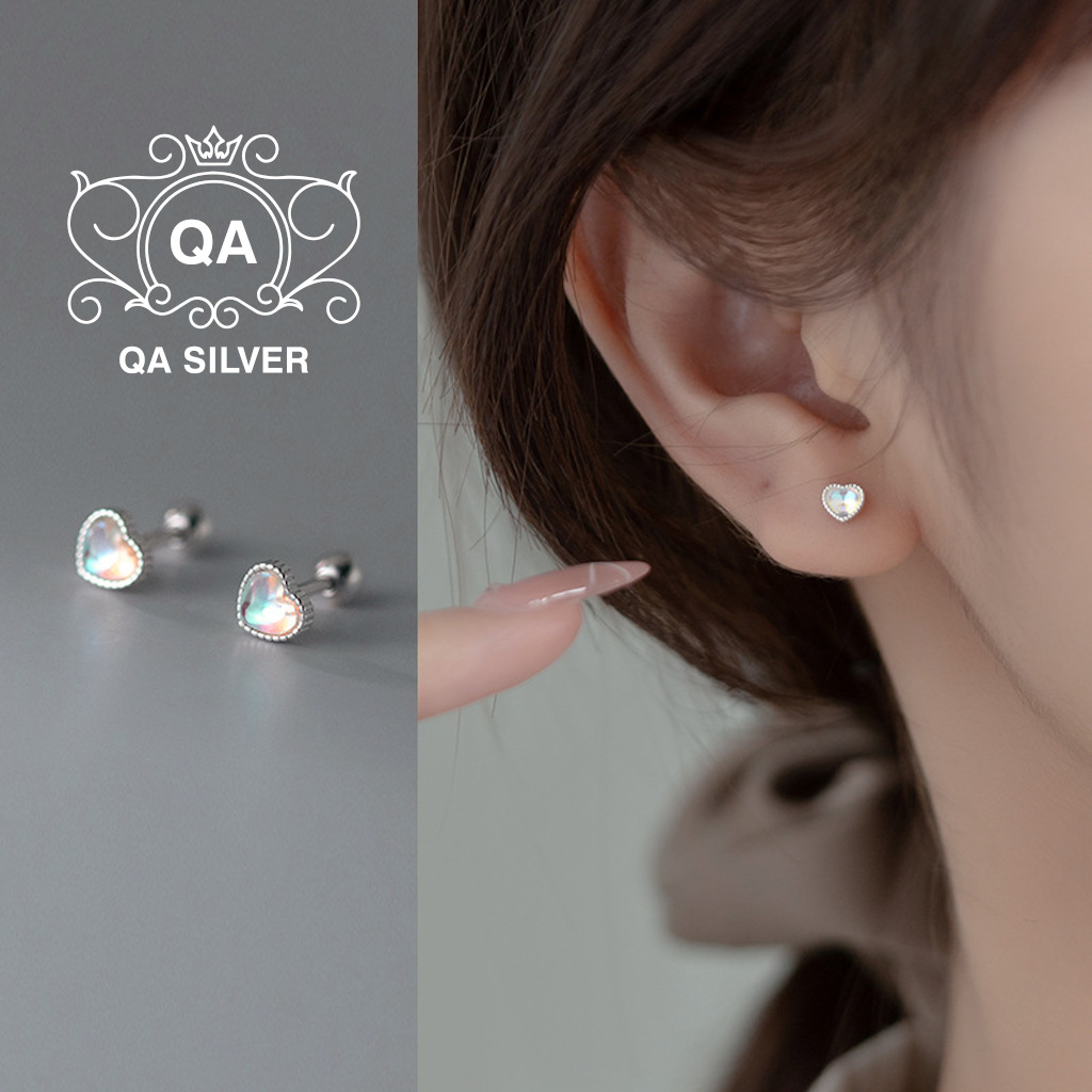 Khuyên tai bạc 925 trái tim đính đá chốt bi vặn ánh xà cừ bông nụ nam nữ S925 HEART QA SILVER Earrings EA220402