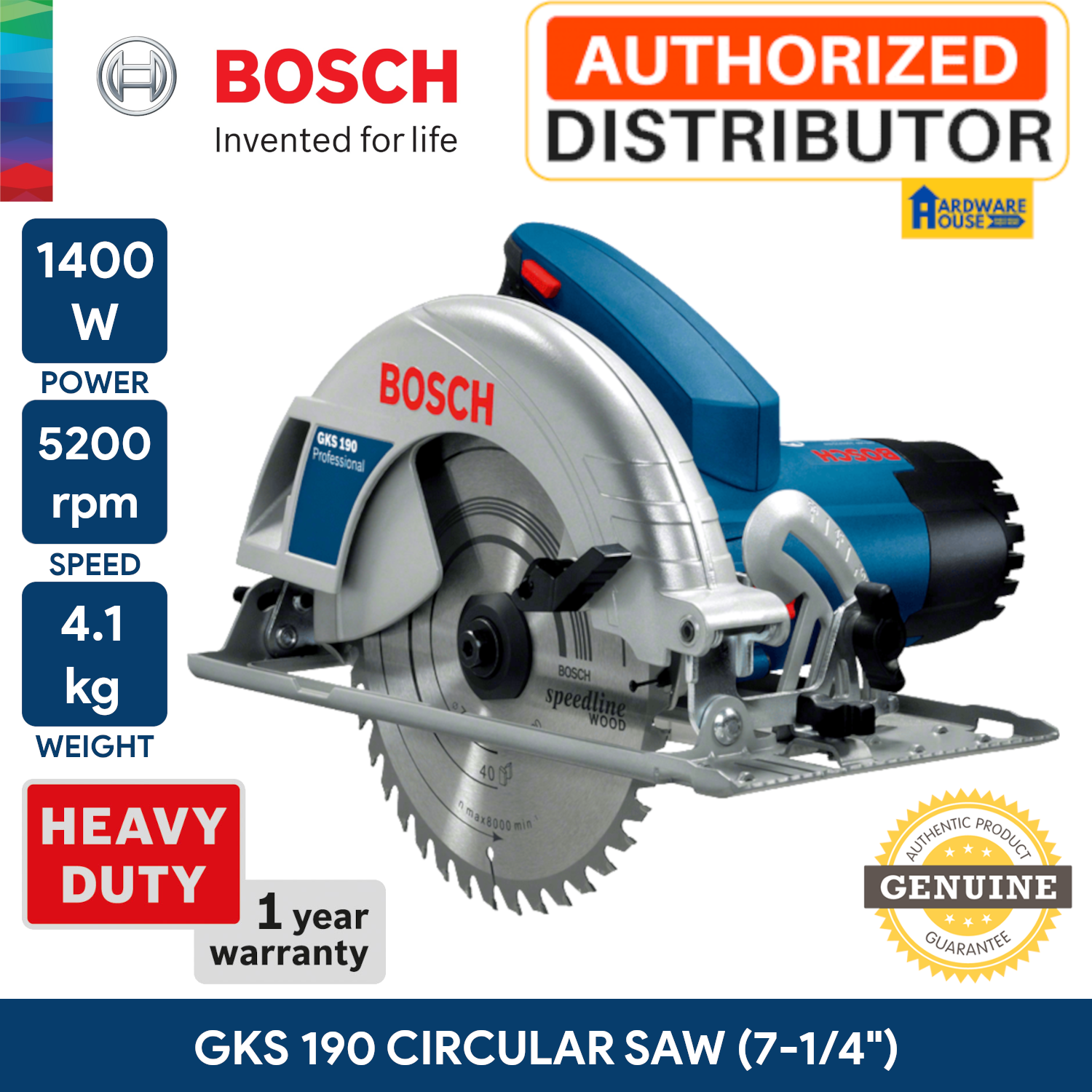 ORIGINAL Bosch GKS 190 Circular Saw 71/4" 1400W For Wood Cutting with