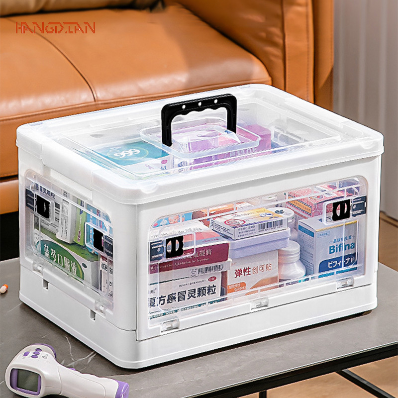 Medical box, large capacity household storage box, transparent first aid kit, foldable storage box, multi-layer extra large sorting box