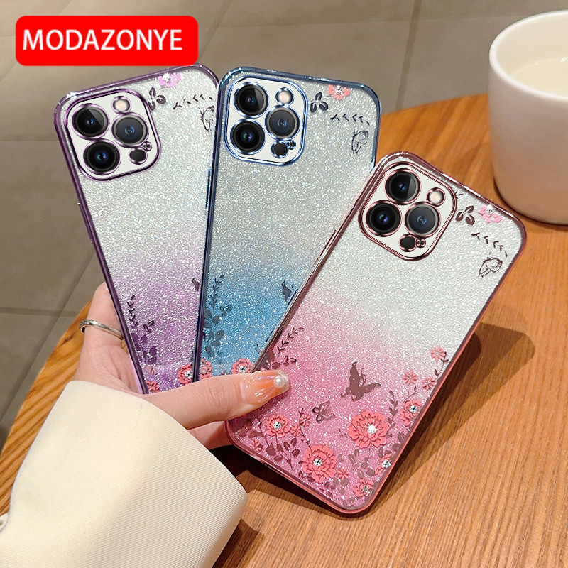For iPhone 13 Pro Max Phone Case Glitter Bling Flower butterfly Soft Protective Back Cover For iPhone 13 Pro Max Case Girls