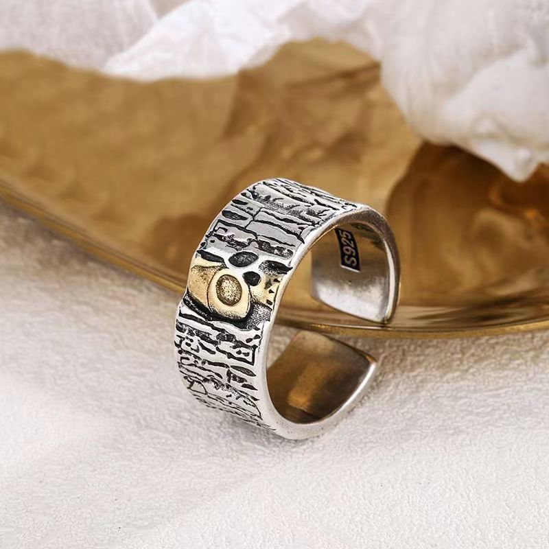 【Hottest Trends】Vintage Gold Skull Ring Men's Personalized Hip-Hop Single Ring Thai Silver Tree Pattern Open Alloy Ring. 