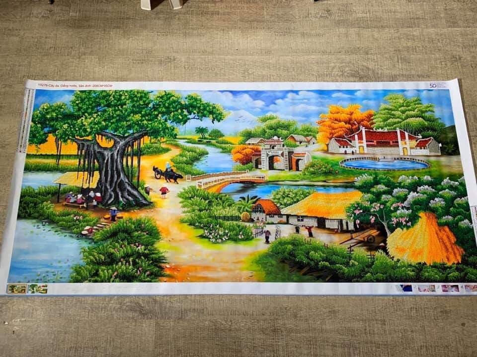 Tranh đính đá làng quê thành phẩm 2mx90cm đã đính chưa khung