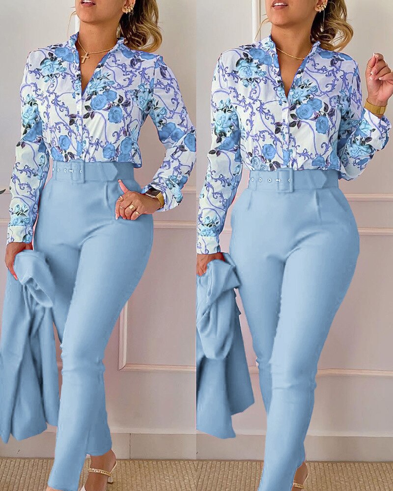 Printed Two Piece Plus Size Trouser Suits With Elegant High Waist Top And  Long Sleeve Shirt For Casual And Office Wear From Maoyiyi, $20.61
