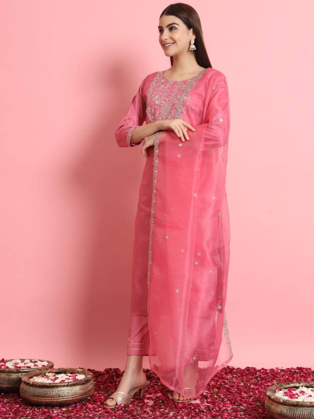 Pink Ethnic Motif Printed Cotton Kurta, Pant And Dupatta Set  With Thread And Mirror Work