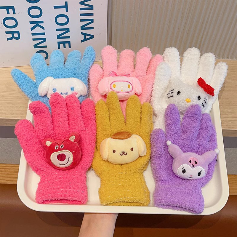 1Pair Kawaii Cute Kuromi Melody Cinnamoroll Kt Cat Gloves Cartoon Five Finger Gloves Fashion Autumn Winter Warm Student Gloves Bayline.