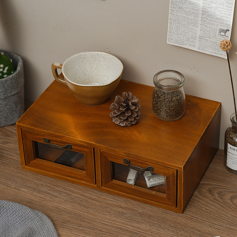 Chinese style solid wood drawer type retro computer elevated shelf desktop storage box cosmetics office desk shelf