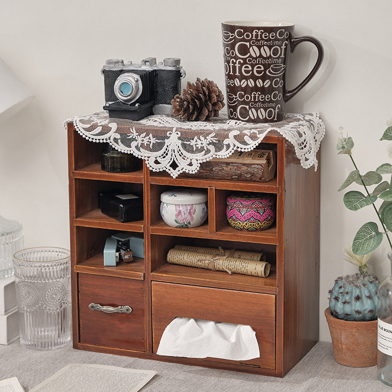 Retro storage box with tissue box, table shelf, wooden tabletop storage box, storage cabinet