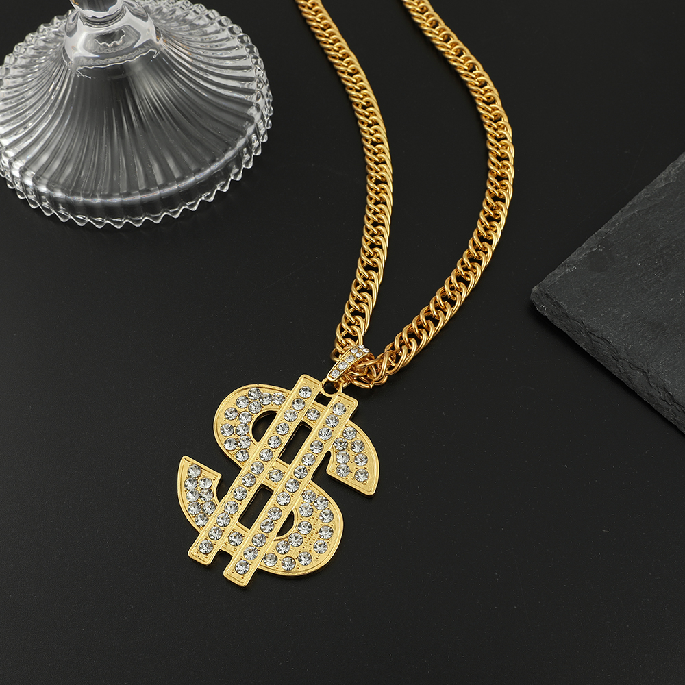 Gold Color Hip Hop Iced Out Crystal Dollar Sign Pendant Necklaces for ...