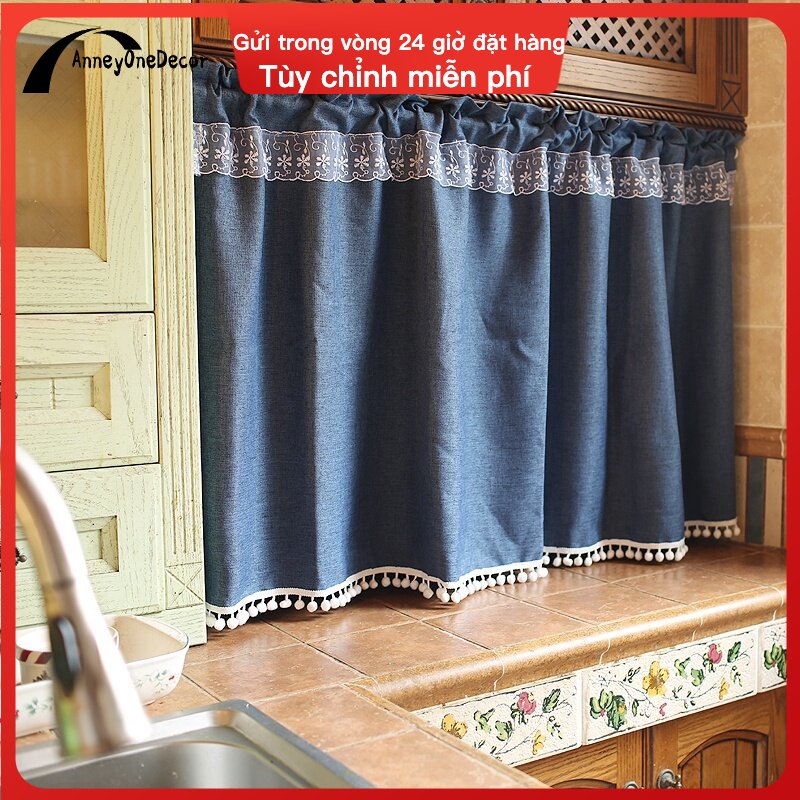 Ready Stock Navy Blue Tier Curtains White Sweet Lace Lovely Beads Decoration Linen Textured Curtains for Kitchen Small Cafe Curtains for Window Treatment Short Curtain