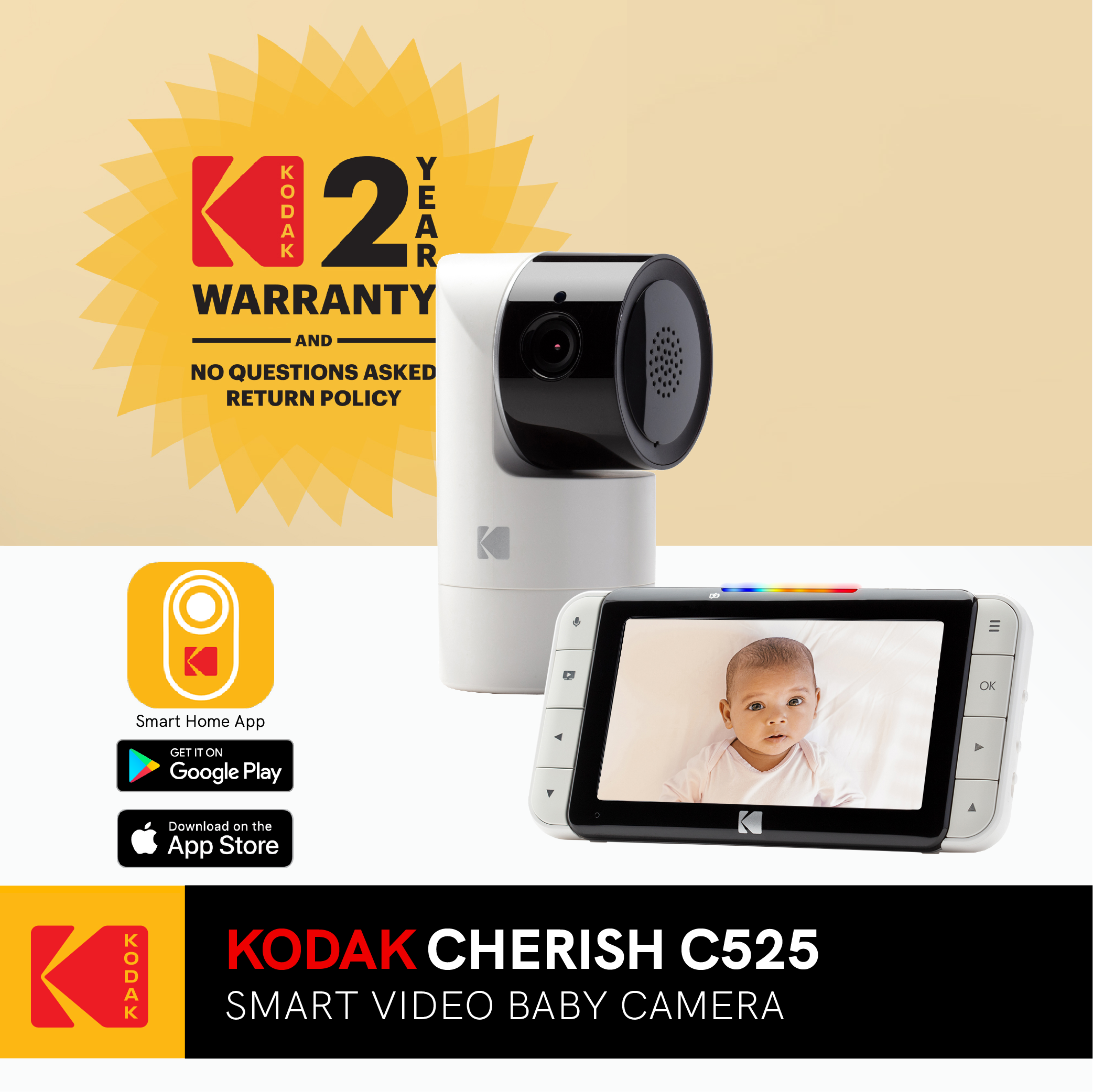 WiFi Indoor Camera Smart WiFi Baby Monitor Add-on KODAK Cherish C125 Add-On Smart Video Baby Camera with Mobile App Pan and Zoom Two-Way Audio Long Range Night-Vision Remote Tilt
