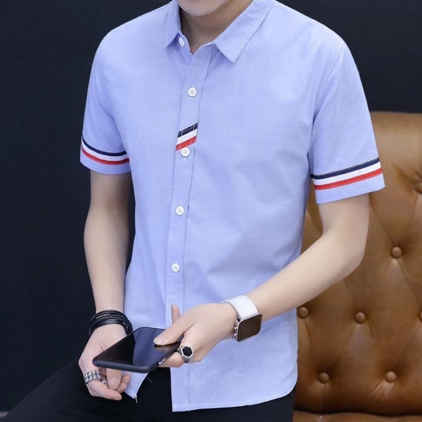Áo Sơ Mi Nam Ngắn Tay Phối Hai Viền Tròn Tay Áo  Thời Trang ARIC-MEN LUXURY Cực Hot
