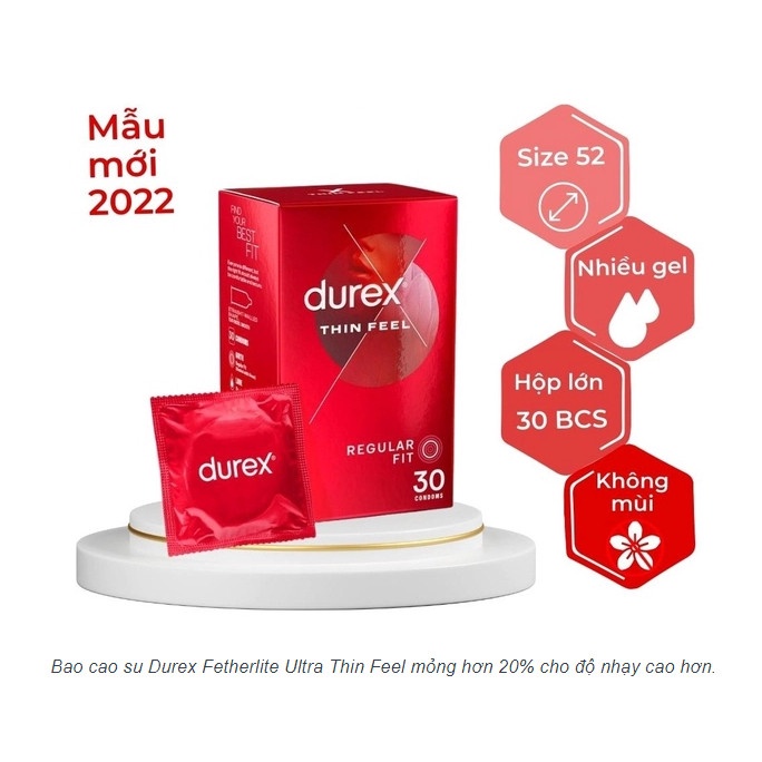 Durex Fetherlite - Bao cao su siêu mỏng Durex Úc -  Hộp 30 chiếc