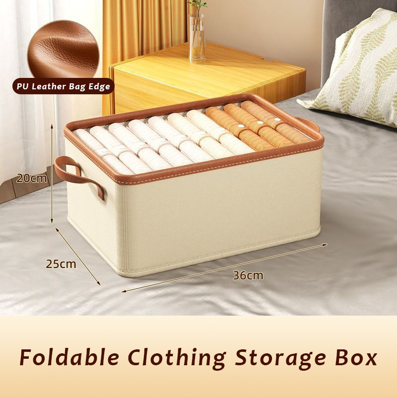 JustLiving Non-Woven Foldable Storage Basket Blanket Clothes Toy Collapsible Storage Home Organizer Drawer Divider Box Household Container Storage Box Wardrobe Organisers with PU Handle