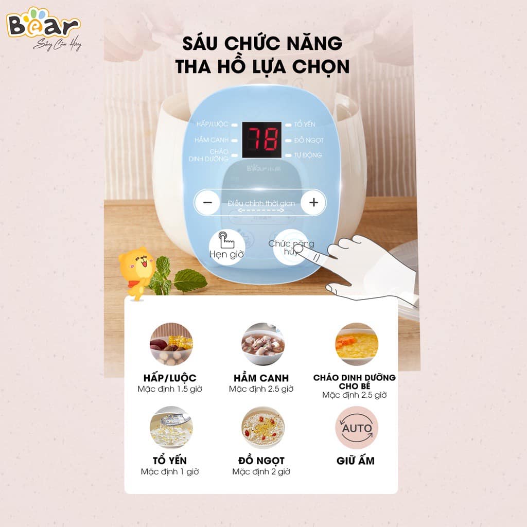 Nồi nấu cháo chậm, cách thủy và ninh hầm Bear 0,8L