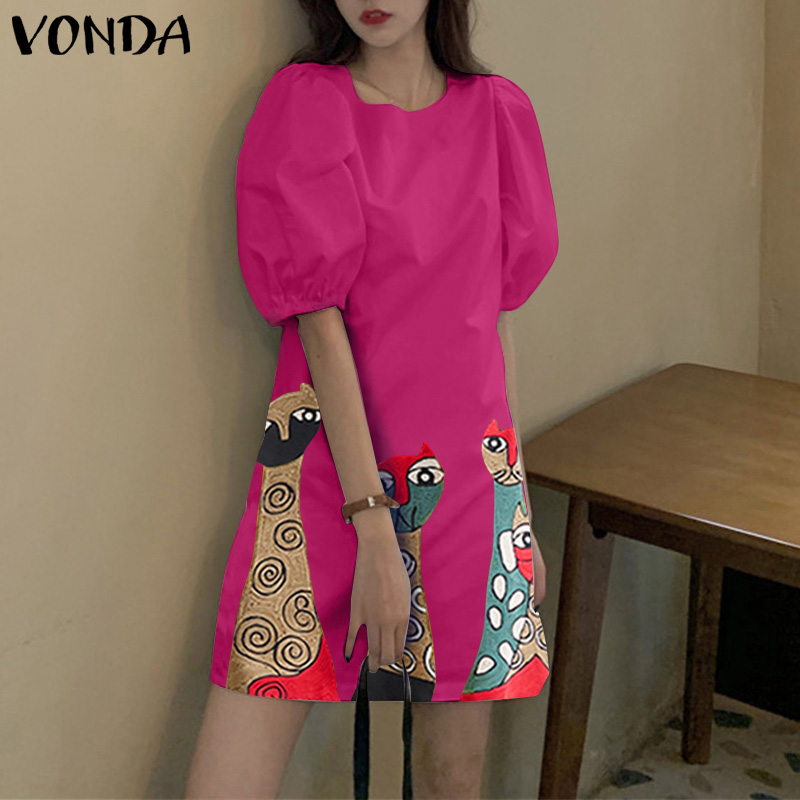 VONDA Women's Street Fashion Funny Animal Printed A-Line Sundress Holiday  Puff Sleeve Mini Dress (Korean Causal) | Daraz.lk