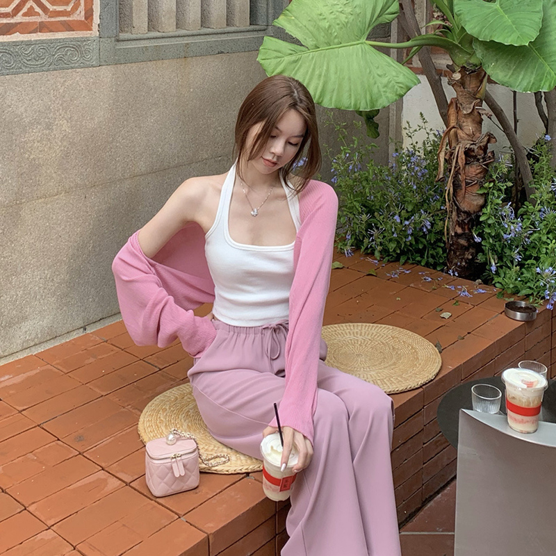 Knitted sunscreen cardigan shawl over ice silk cropped top, long-sleeved blouse, small shoulder jacket