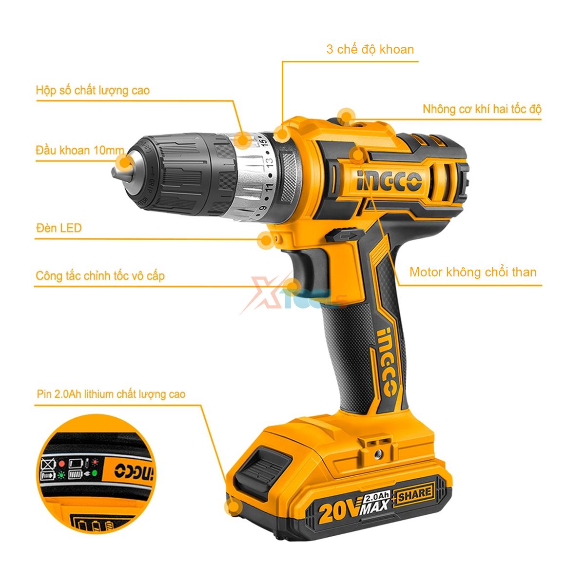 Máy khoan cầm tay dùng pin 20V INGCO máy khoan búa, khoan vặn vít 3 chức năng, kèm 2 pin sạc, tặng mũi khoan vặn vít, mũi khoan 0.8-10mm