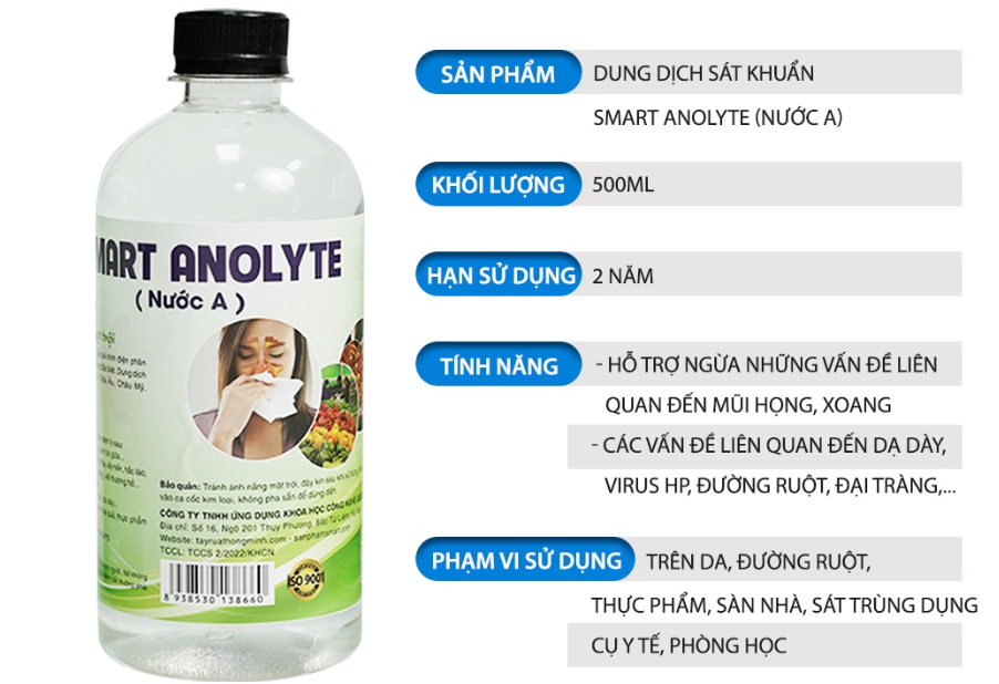 Dung dịch sát khuẩn Smart Anolyte (Nước A) 500ml