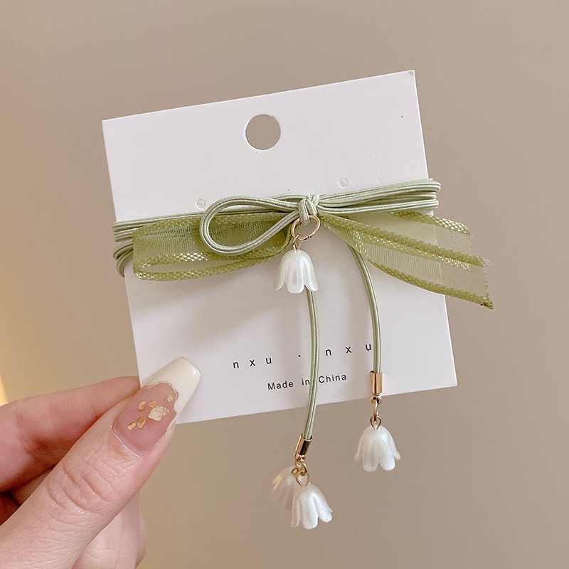 Dây Buộc Tóc Cao Su Họa Tiết Hoa Lily Màu Xanh Lá Xinh Xắn Cho Nữ