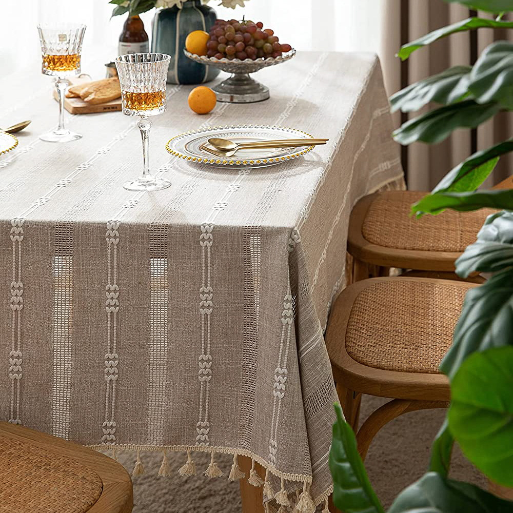 Simple Retro Country Style Solid Color Tablecloth White Embroidered Hollowed-out Polyester-cotton Tassel Tablecloth 140x360cm4/6/8 Seats Rectangular Large-size Tablecloth Used for Dust-proof Cover Cloth of Coffee Table Home Appliances Desks and Sofas.