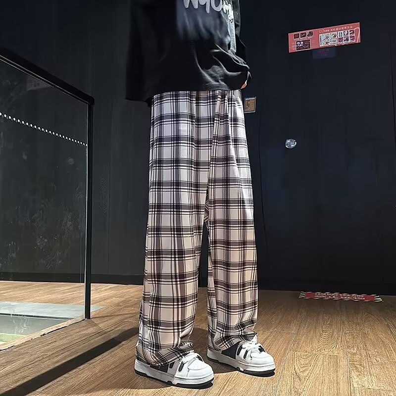 EERSHENSHI Unisex loose plaid casual trousers Thin Drape Simple Couple Plaid Pants