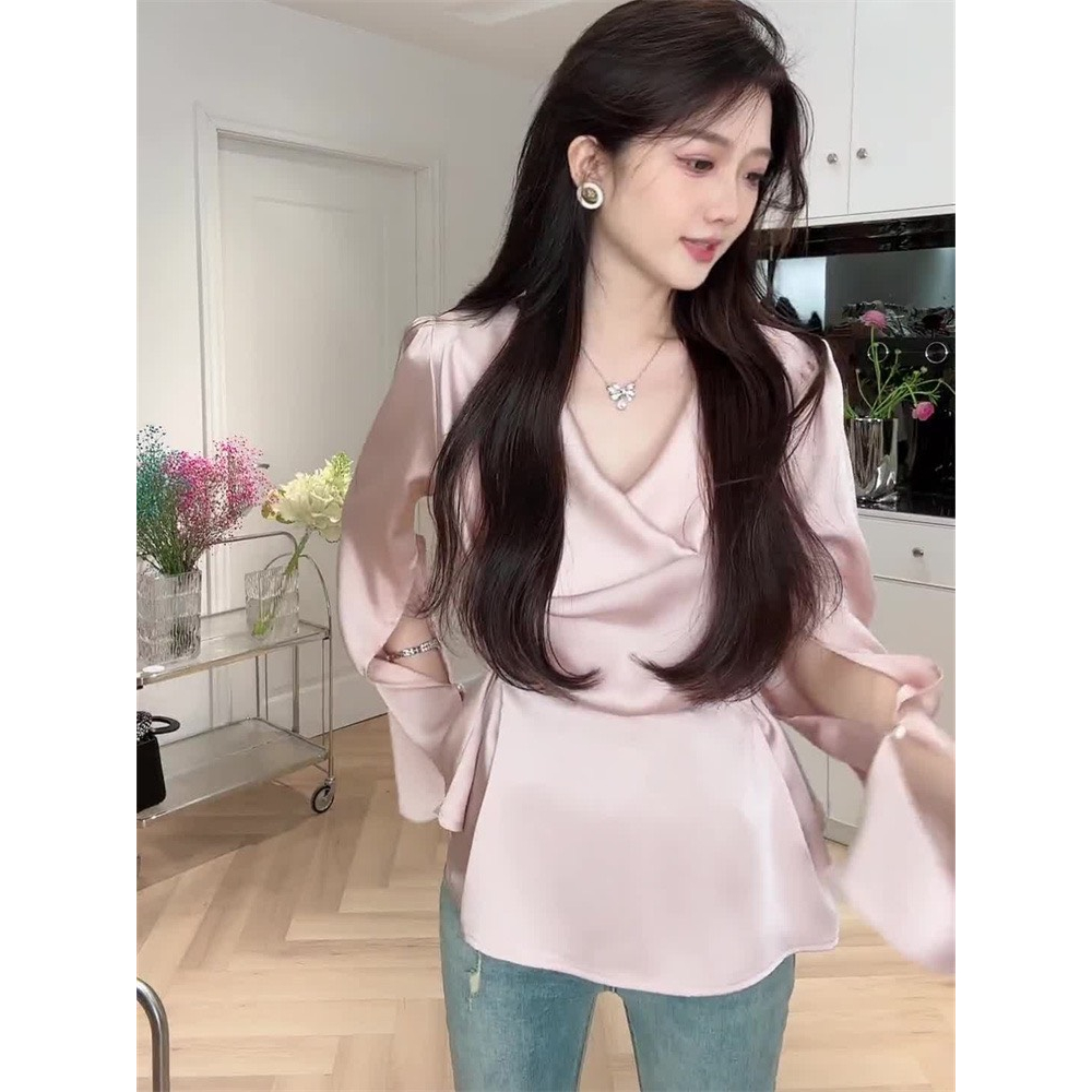Áo Lụa Cổ Trễ, Áo Sơmi Lụa Cổ Đổ Dài Tay Buôc Dây Eo Phong Cách Hàn Quốc