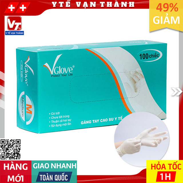✅ [HÀNG THẬT] Găng Tay Cao Su Y Tế Có Bột VGlove (Hộp 100 Cái) | Bao Tay Latex Y Tế Khải Hoàn -VT0185 - Y Tế Vạn Thành