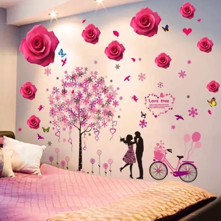 Decal dán tường hoa hồng và cây trái tim