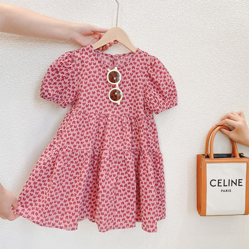 IP Children's dress girl's love floral dress small and medium girl baby short-sleeved puff sleeve princess dress