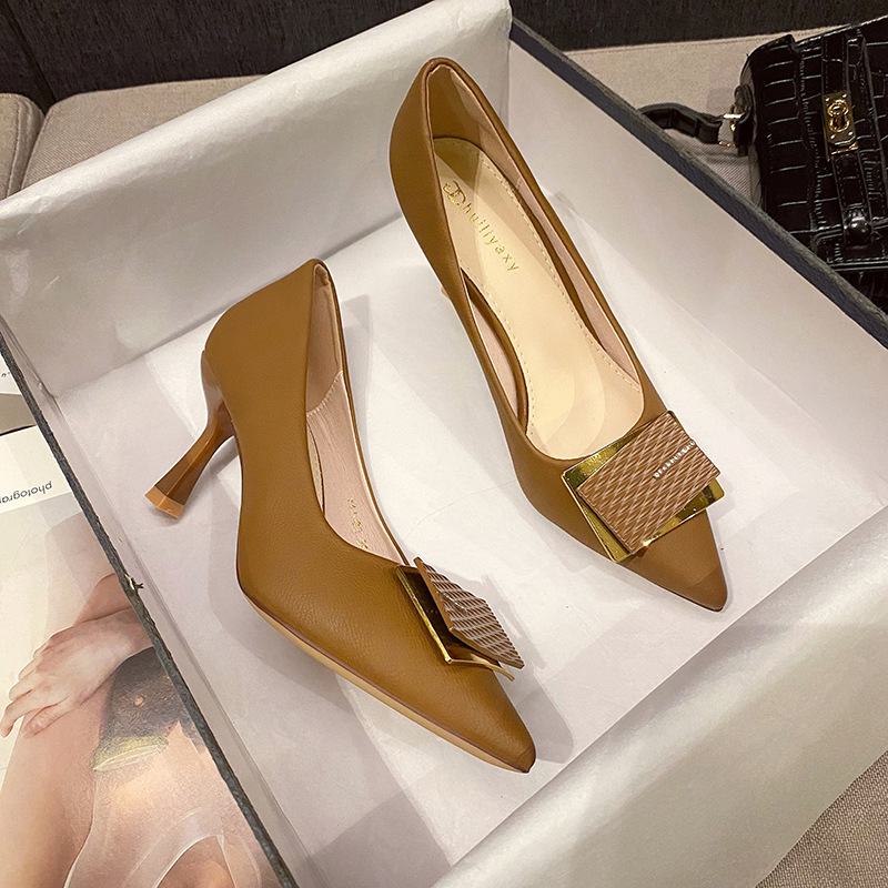 AOKANG High-heeled women's shoes, stiletto heels, versatile fashionable point-toe shoes, new square buckle shoes for women