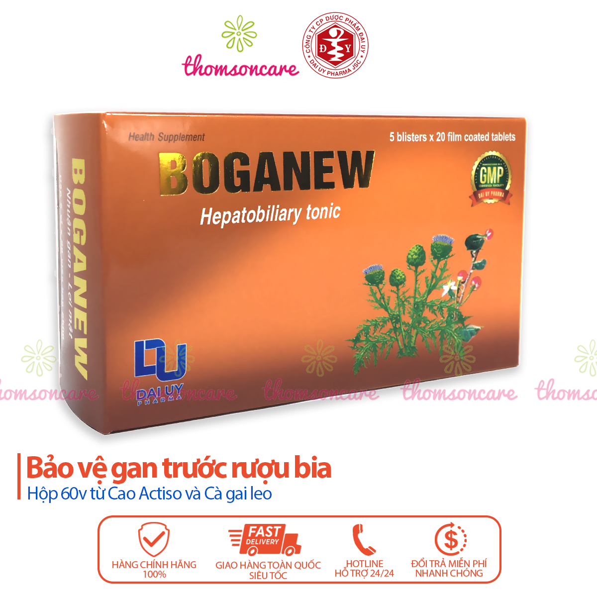 Giải độc gan Boganew bổ gan, mát gan, thanh nhiệt hộp 100 viên từ cao actiso và cà gai leo