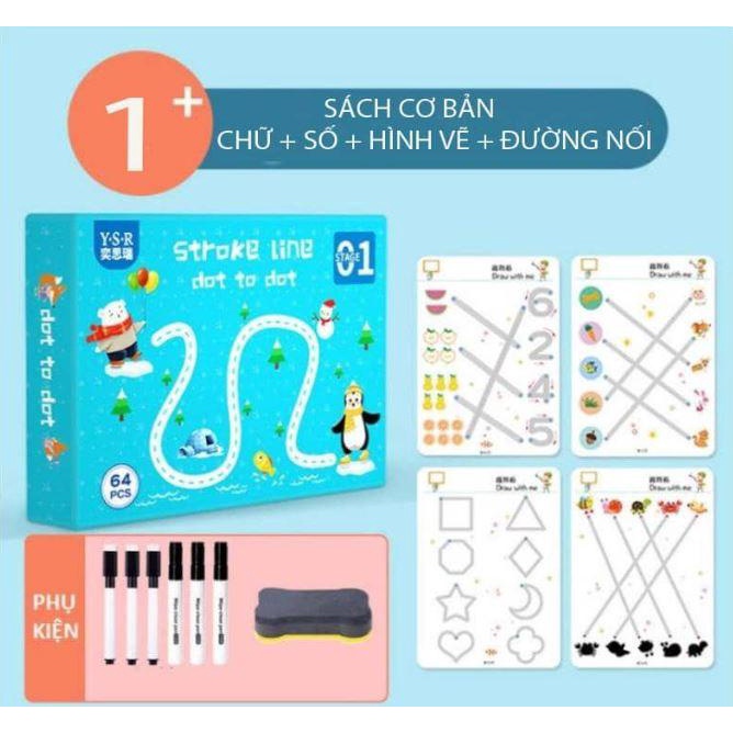 Bộ Tô vẽ thông minh xóa được tặng kèm bút dạ cho bé luyện vẽ nét cơ bản, nối số 64 Trang