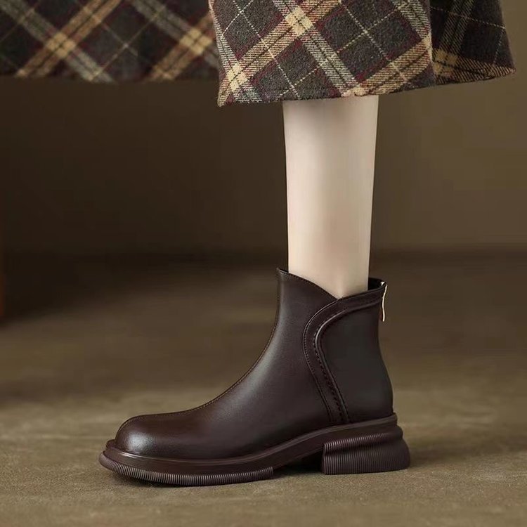 Vshoes bốt ngắn bốt mỏng bốt nữ bốt da mềm nhung có khóa kéo sau mũi vuông gót thô